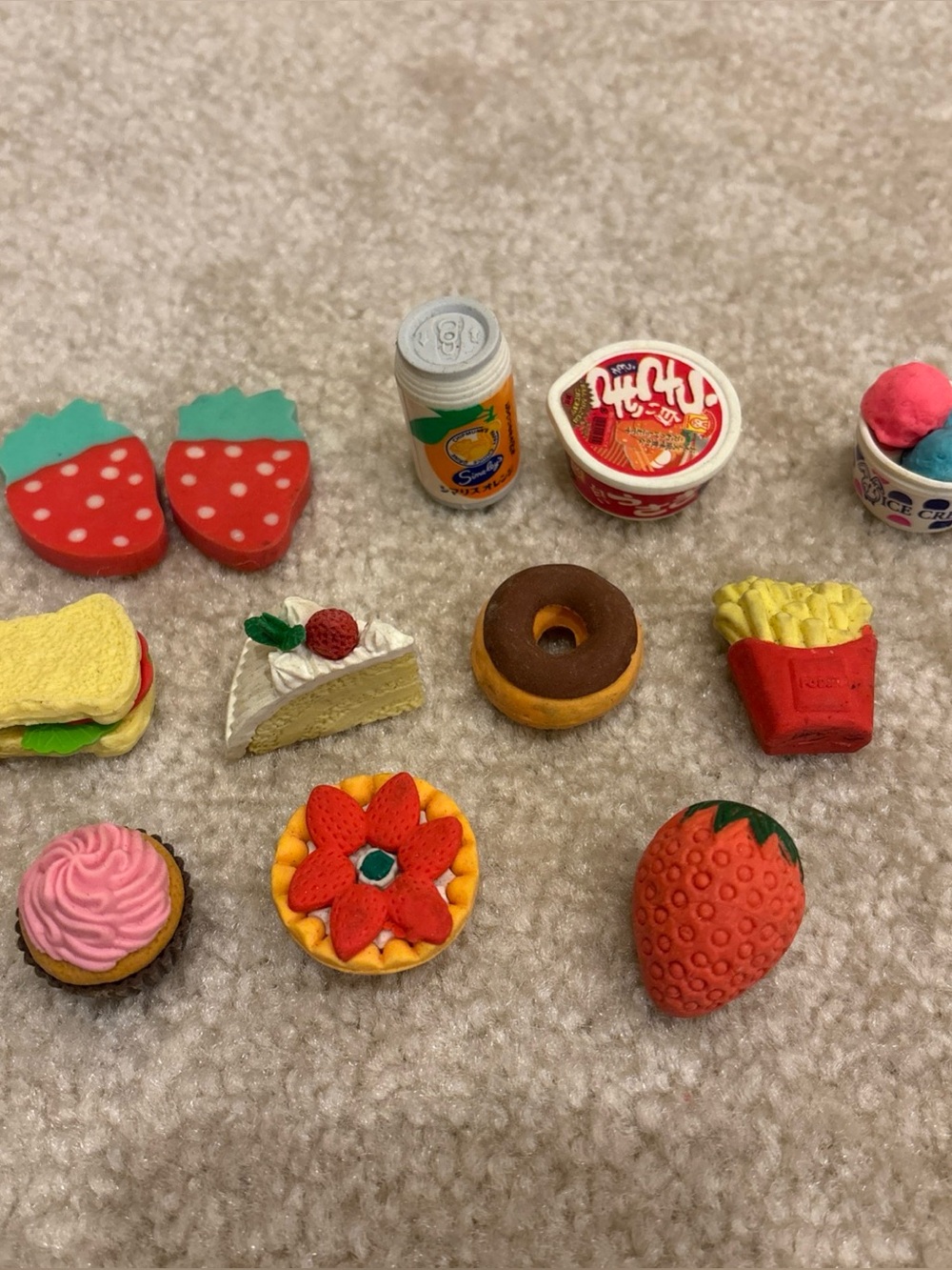 Mixed Lot 12 Erasers Iwako Food Theme Figures Donut Cake Cup Noodle Strawberry